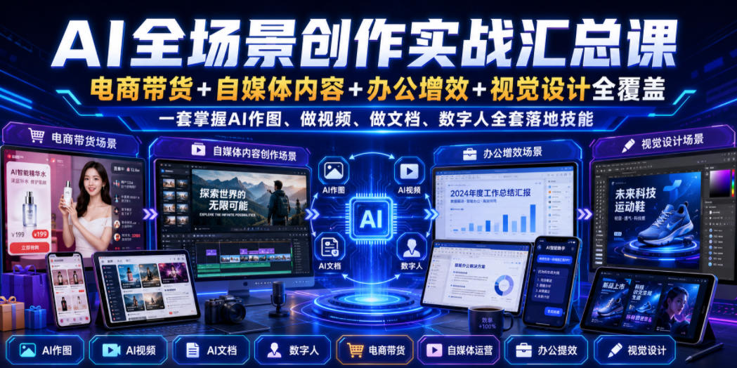 AI全场景创作实战汇总课|电商带货+自媒体内容+办公增效+视觉设计全覆盖,一套掌握AI作图、做视频、做文档、数字人全套落地技能-旺仔资源库