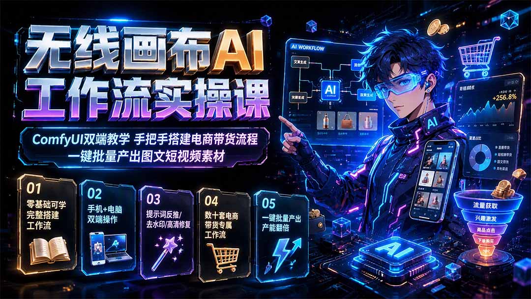 无线画布AI工作流实操课｜ComfyUI双端教学，手把手搭建电商带货流程，一键批量产出图文短视频素材-旺仔资源库