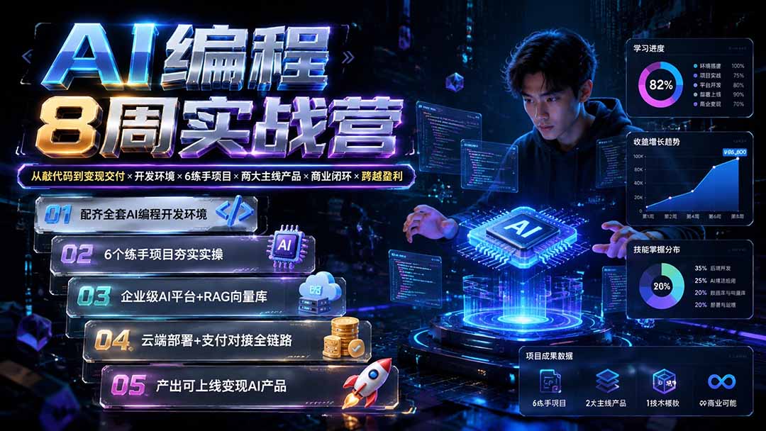 AI编程8周实战营：从敲代码到变现交付×开发环境×6练手项目×两大主线产品×商业闭环×跨越盈利-知梦网创