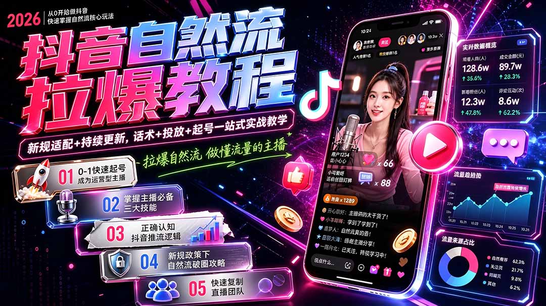 抖音自然流拉爆教程-更新7月:做懂流量的主播,新规适配+持续更新,话术+投放+起号一站式实战教学-旺仔资源库
