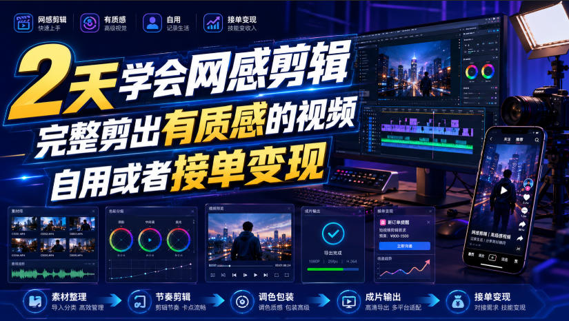 2天学会网感剪辑，完整剪出有质感的视频，自用或者接单变现｜焦圣希 18818568866