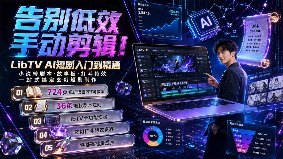 告别低效手动剪辑!LibTV AI短剧入门到精通,小说转剧本方法,故事板打斗特效一站式搞定玄幻短剧制作-旺仔资源库