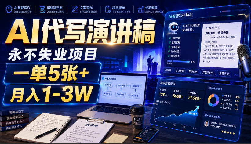 AI代写演讲稿，永不失业项目，一单5张+，月入1-3W【揭秘】-爱搭资源网