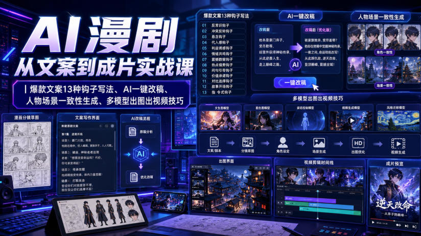 AI漫剧从文案到成片实战课｜爆款文案13种钩子写法、AI一键改稿、人物场景一致性生成、多模型出图出视频技巧-知梦网创