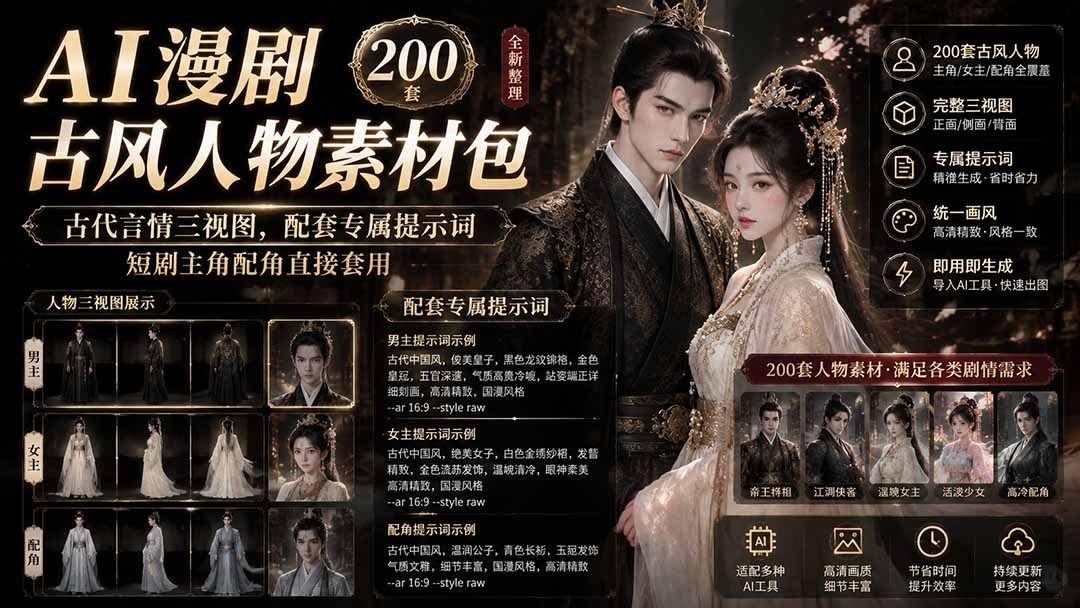 AI漫剧古风人物素材包+提示词｜200 套古代言情三视图，配套专属提示词短剧主角配角直接套用-知梦网创