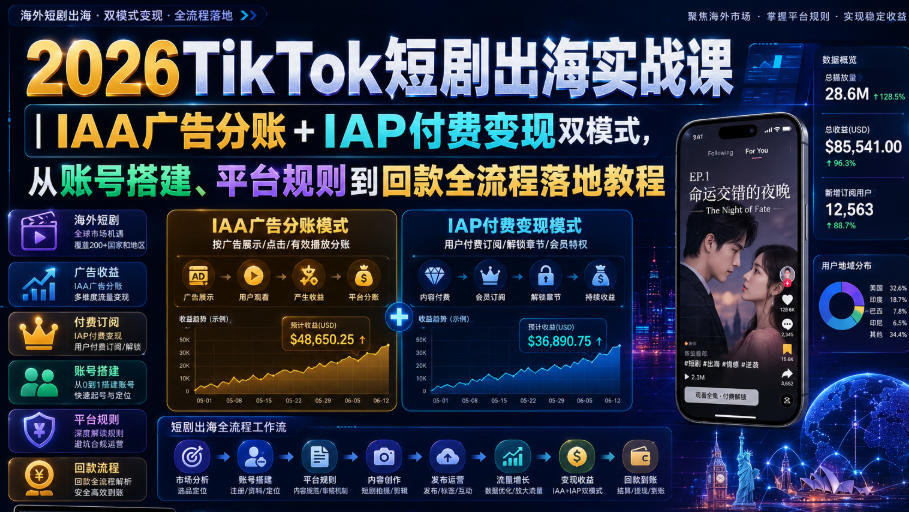 2026TikTok短剧出海实战课｜IAA广告分账+IAP付费变现双模式，从账号搭建、平台规则到回款全流程落地教程汇通分享-分享轻创项目-网络创业-项目实操-兼职-网赚-副业-抖音-快手-小红书-闲鱼-视频号-直播-短视频-中视频-带货-短剧-游戏搬砖-引流等教程课程分享汇通分享