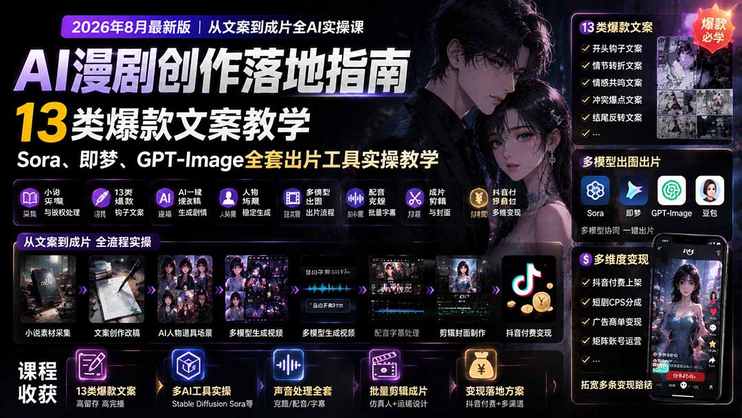 AI漫剧创作落地指南｜13类爆款文案教学，Sora、即梦、GPT-Image全套出片工具实操教学｜焦圣希 18818568866