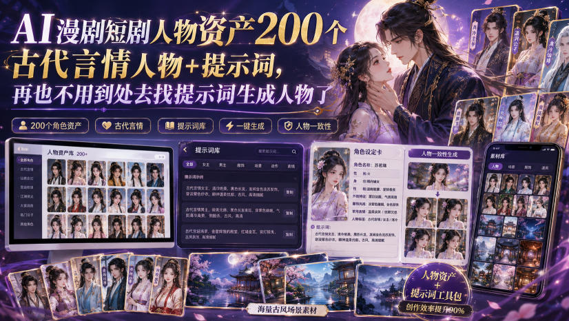 AI漫剧短剧人物资产200个古代言情人物+提示词，再也不用到处去找提示词生成人物了｜焦圣希 18818568866