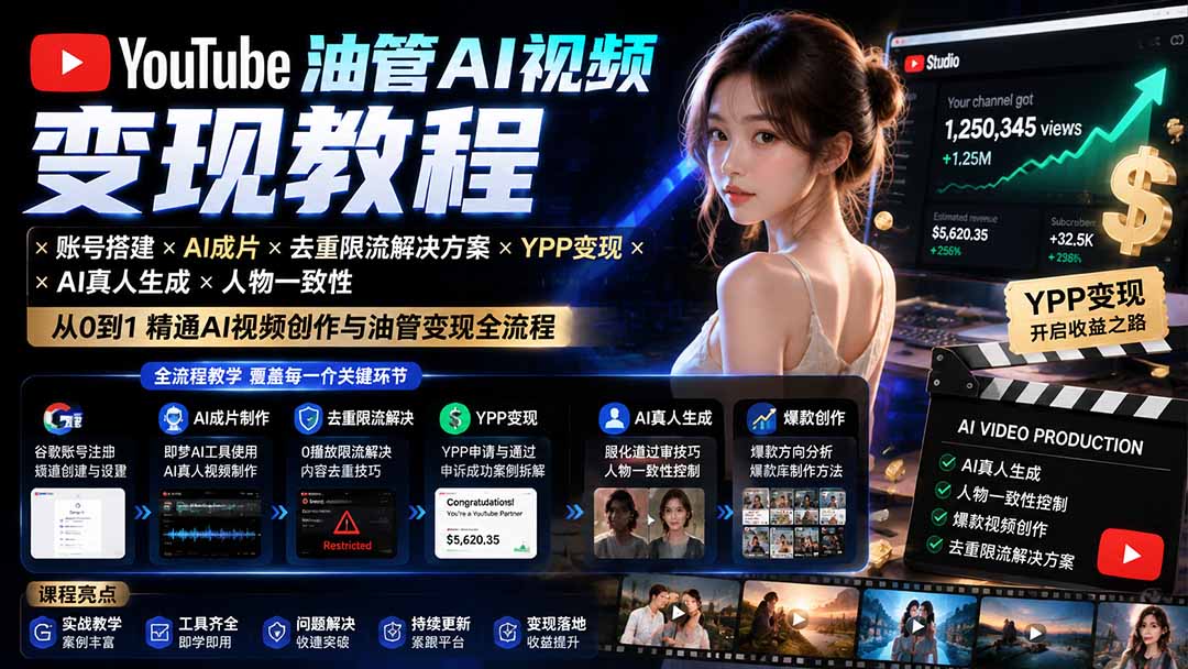 YouTube油管AI视频变现教程：账号搭建×AI成片×去重限流解决方案×YPP变现×AI真人生成×人物一致性-HEIXMI（中国站）