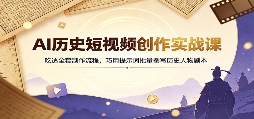 AI历史短视频创作实战课:吃透全套制作流程,巧用提示词批量撰写历史人物剧本汇通分享-分享轻创项目-网络创业-项目实操-兼职-网赚-副业-抖音-快手-小红书-闲鱼-视频号-直播-短视频-中视频-带货-短剧-游戏搬砖-引流等教程课程分享汇通分享