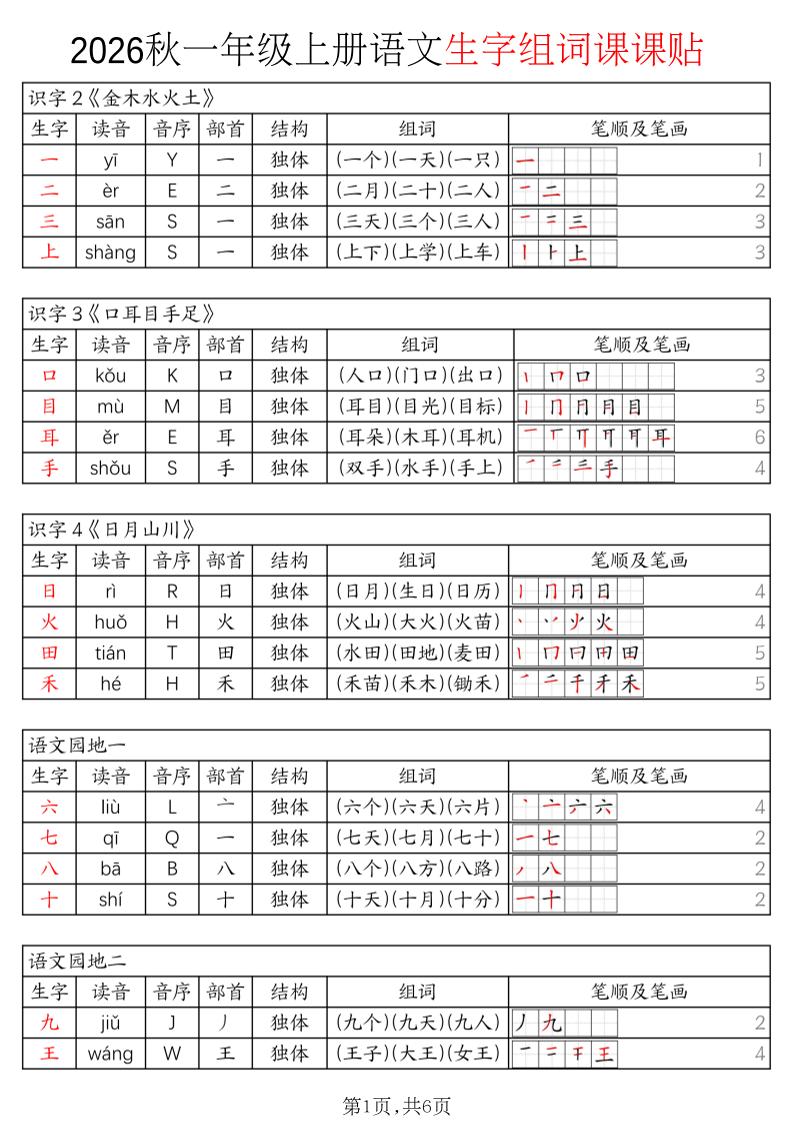 2026秋一年级上册语文生字组词课课贴-新时光资源网