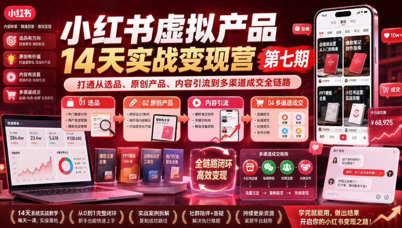 小红书虚拟产品14天实战变现营第七期，打通从选品、原创产品、内容引流到多渠道成交全链路｜焦圣希 18818568866