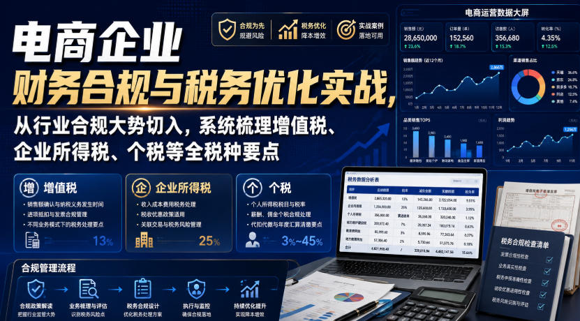 电商企业财务合规与税务优化实战，从行业合规大势切入，系统梳理增值税、企业所得税、个税等全税种要点｜焦圣希 18818568866