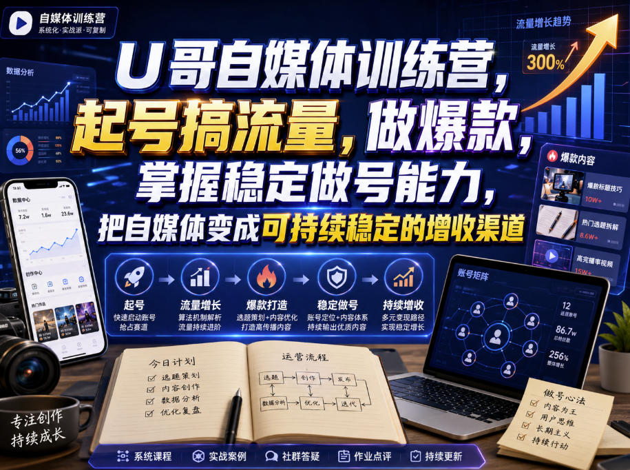 U哥自媒体训练营,起号搞流量,做爆款,掌握稳定做号能力,把自媒体变成可持续稳定的增收渠道-旺仔资源库