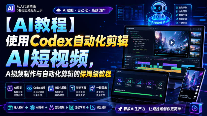 【AI教程】使用Codex自动化剪辑AI短视频，AI视频制作与自动化剪辑的保姆级教程汇通分享-分享轻创项目-网络创业-项目实操-兼职-网赚-副业-抖音-快手-小红书-闲鱼-视频号-直播-短视频-中视频-带货-短剧-游戏搬砖-引流等教程课程分享汇通分享