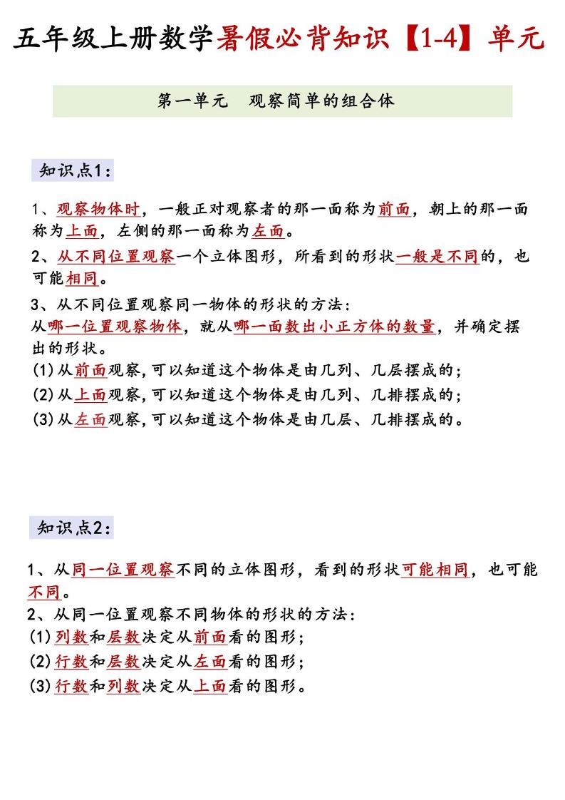 26新五上数学【1-4】单元必背知识《人教版》-新时光资源网