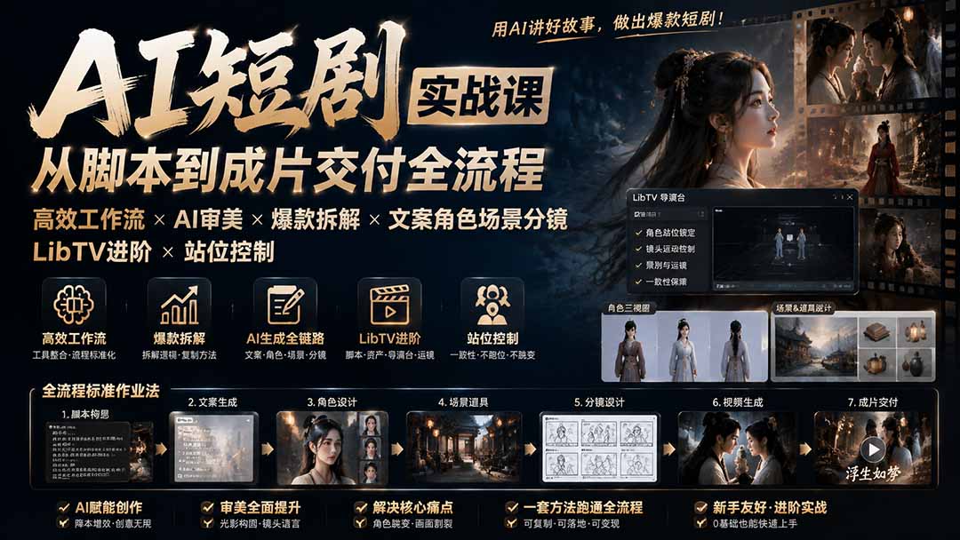 AI短剧实战课:高效工作流×AI审美×爆款拆解×文案角色场景分镜×LibTV进阶×站位控制×从脚本到成片交付全流程汇通分享-分享轻创项目-网络创业-项目实操-兼职-网赚-副业-抖音-快手-小红书-闲鱼-视频号-直播-短视频-中视频-带货-短剧-游戏搬砖-引流等教程课程分享汇通分享