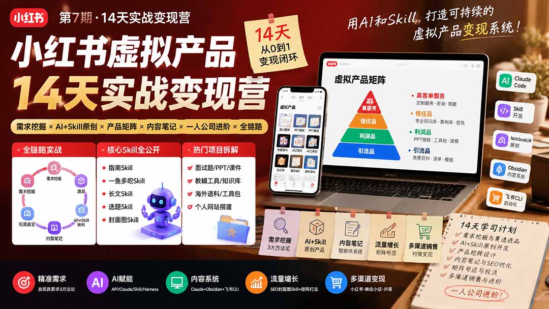 小红书虚拟产品14天实战变现营-第7期:需求挖掘×AI+Skill原创×产品矩阵×内容笔记×一人公司进阶×全链路-旺仔资源库