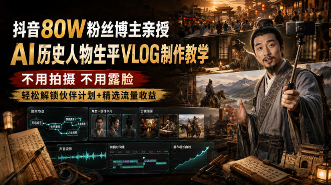抖音80W粉丝博主的AI历史人物生平VLOG教学，不用拍摄不用露脸，AI帮你搞定，轻松解锁伙伴计划+精选收益｜焦圣希 18818568866