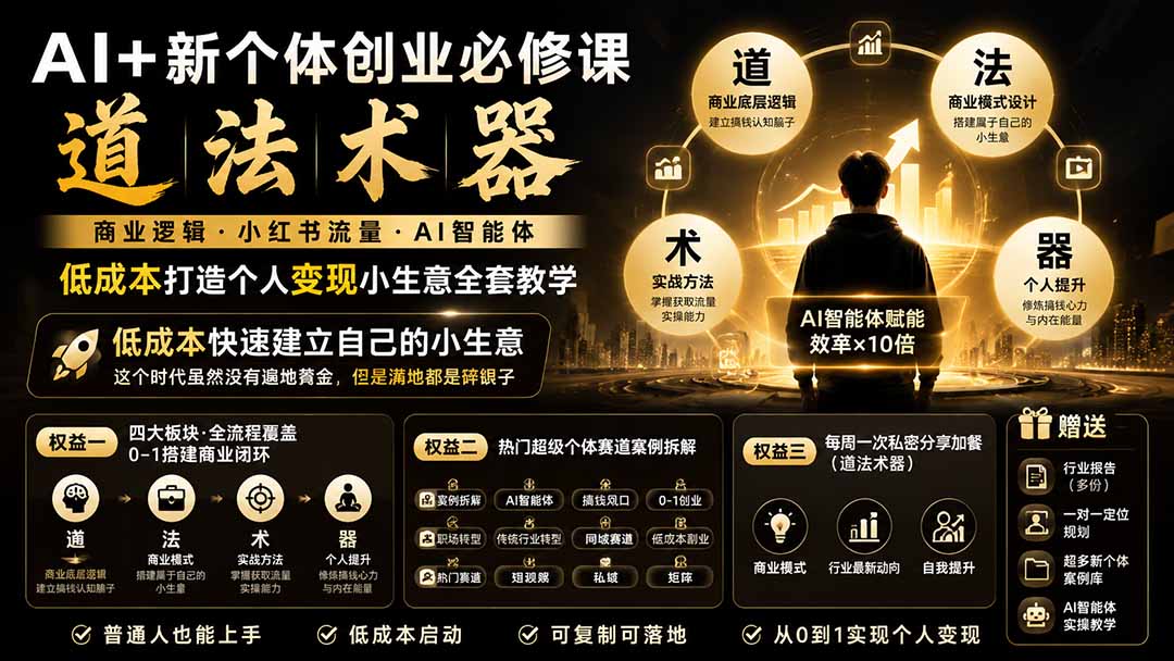 AI+新个体创业必修课｜道法术器｜商业逻辑·小红书流量·AI智能体｜低成本打造个人变现小生意全套教学-旺仔资源库