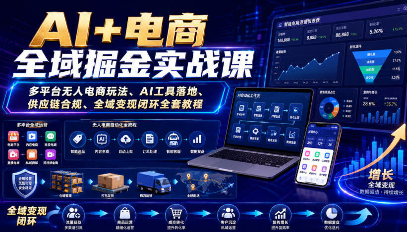 AI+电商全域掘金实战课|多平台无人电商玩法、AI工具落地、供应链合规、全域变现闭环全套教程-旺仔资源库