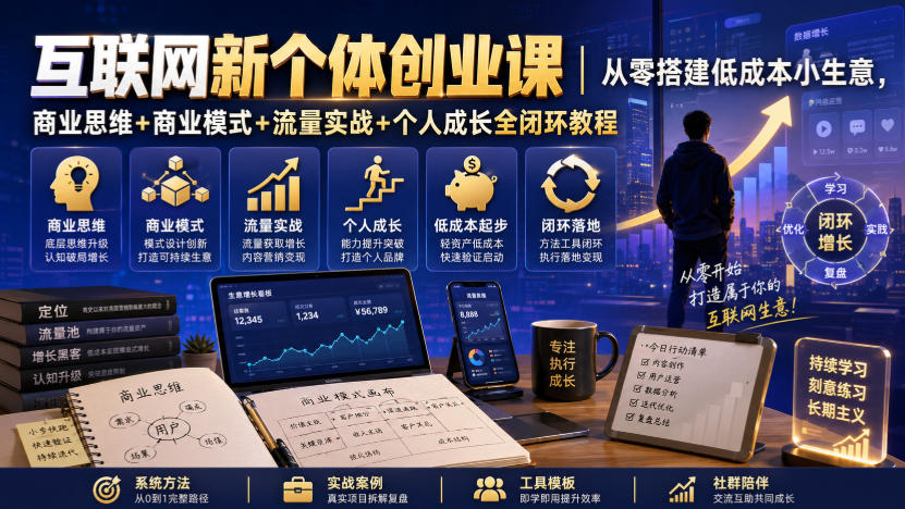 互联网新个体创业课｜从零搭建低成本小生意，商业思维+商业模式+流量实战+个人成长全闭环教程-知梦网创