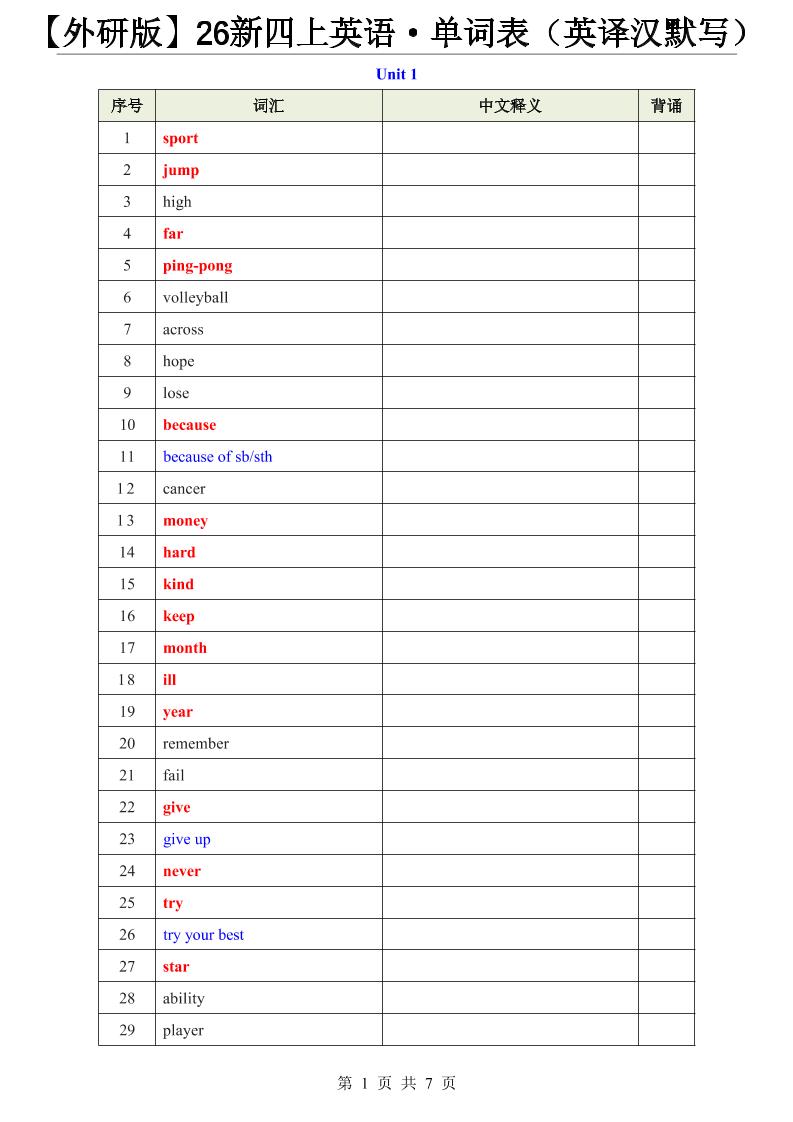 【外研版】26新四上英语·单词表（英译汉默写）-新时光资源网
