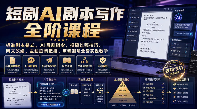 短剧AI剧本写作全阶课程｜标准剧本格式、AI写剧指令、投稿过稿技巧、网文改编、主线剧情把控、审稿避坑全套实操教学汇通分享-分享轻创项目-网络创业-项目实操-兼职-网赚-副业-抖音-快手-小红书-闲鱼-视频号-直播-短视频-中视频-带货-短剧-游戏搬砖-引流等教程课程分享汇通分享