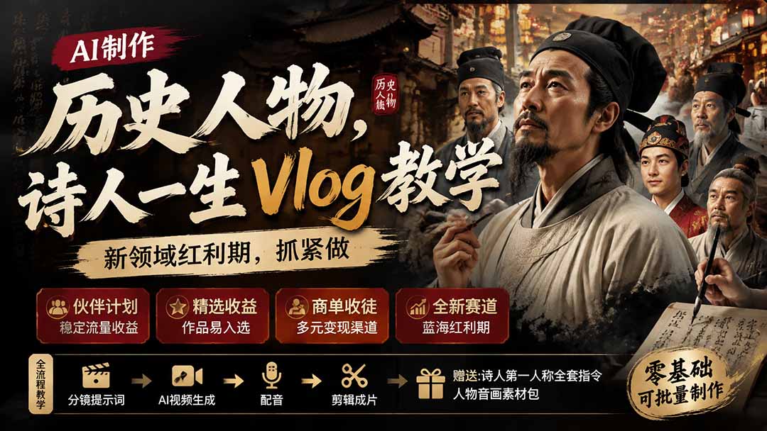 历史人物，诗人一生Vlog教学， AI制作丨伙伴计划丨精选收益丨商单收徒 ，新领域红利期，抓紧做-旺仔资源库