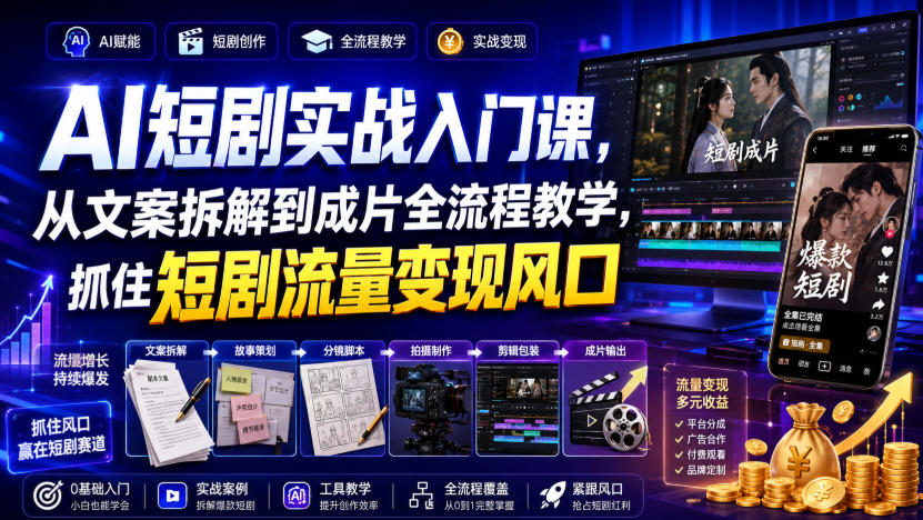 AI短剧实战入门课，从文案拆解到成片全流程教学，抓住短剧流量变现风口-我爱发帖