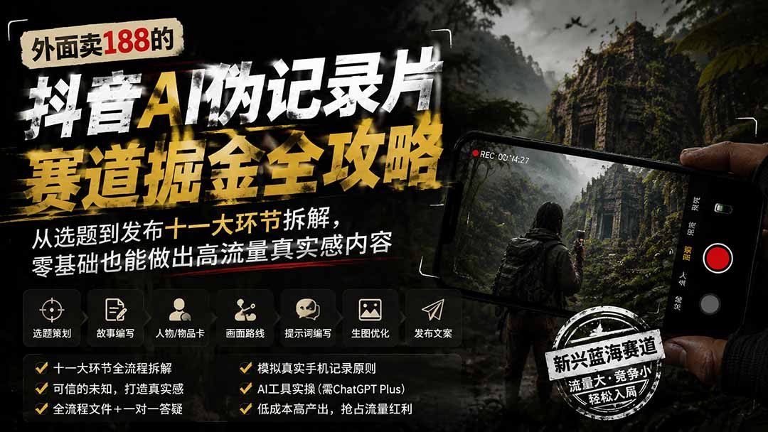 外面卖188的抖音AI伪记录片赛道掘金全攻略；从选题到发布十一大环节拆解，零基础也能做出高流量真实感内容｜焦圣希 18818568866