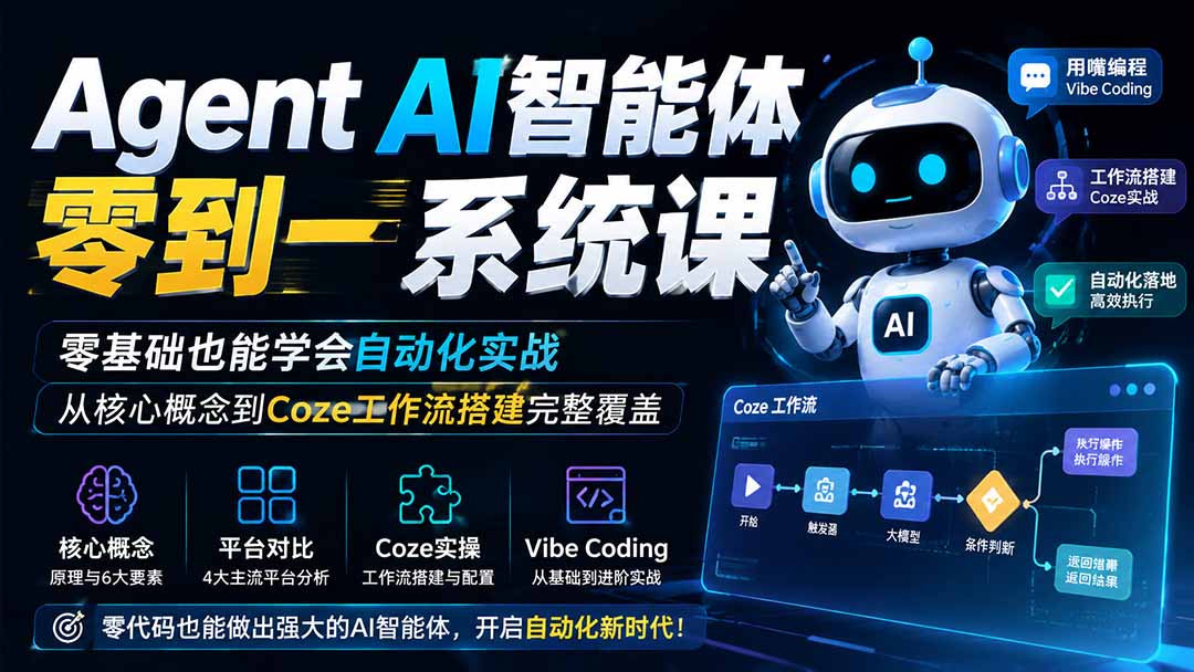 Agent AI智能体零到一系统课；零基础也能学会自动化实战，从核心概念到Coze工作流搭建完整覆盖-我爱发帖