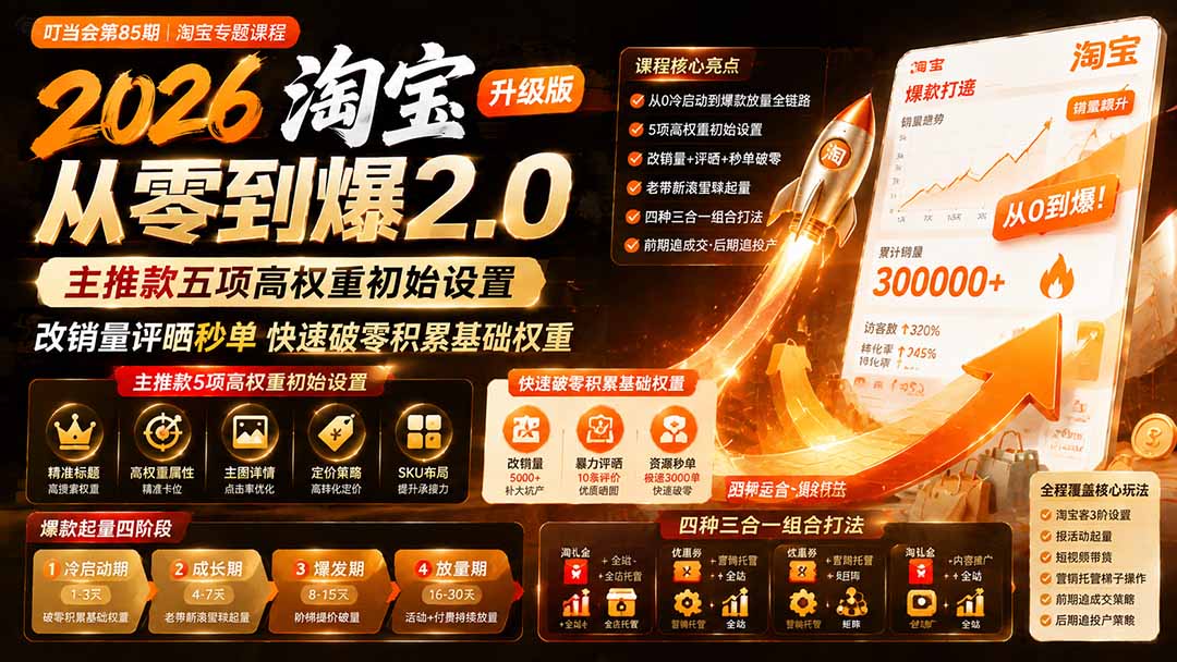 2026淘宝从零到爆2.0第85期;主推款五项高权重初始设置,改销量评晒秒单快速破零积累基础权重汇通分享-分享轻创项目-网络创业-项目实操-兼职-网赚-副业-抖音-快手-小红书-闲鱼-视频号-直播-短视频-中视频-带货-短剧-游戏搬砖-引流等教程课程分享汇通分享