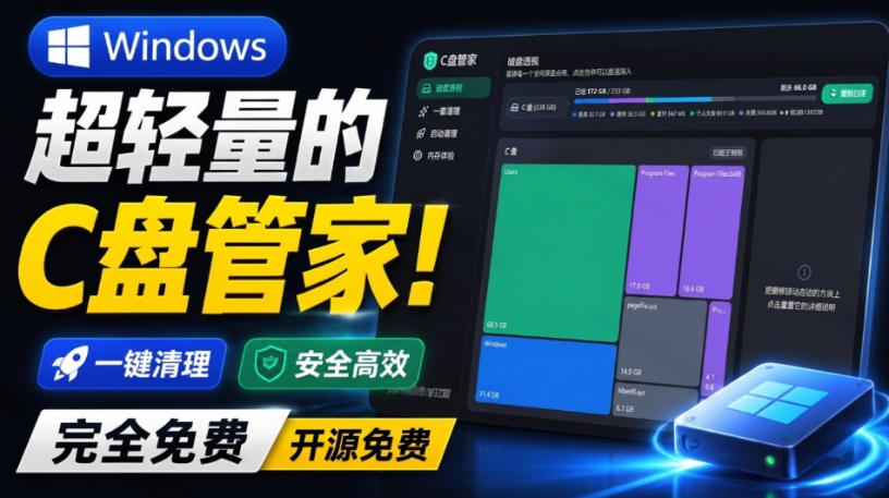 Windows超轻量的C盘管家!超级有特点,支持磁盘分析及清理提醒,2M大小体积,完全免费C盘管家汇通分享-分享轻创项目-网络创业-项目实操-兼职-网赚-副业-抖音-快手-小红书-闲鱼-视频号-直播-短视频-中视频-带货-短剧-游戏搬砖-引流等教程课程分享汇通分享