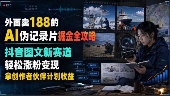 外面卖188的AI伪记录片掘金全攻略，抖音图文新赛道，轻松涨粉变现，拿创作者伙伴计划收益【文档】-我爱发帖