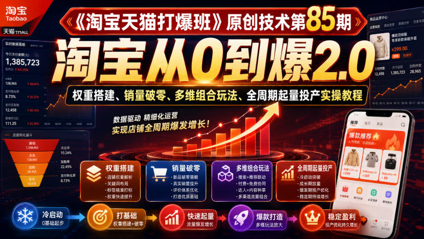 《淘宝天猫打爆班》原创技术第85期，淘宝从0到爆2.0，权重搭建、销量破零、多维组合玩法、全周期起量投产实操教程｜焦圣希 18818568866