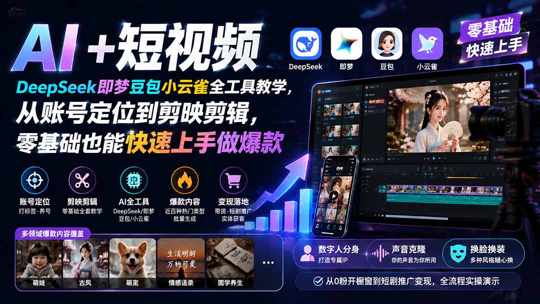 AI+短视频｜DeepSeek即梦豆包小云雀全工具教学，从账号定位到剪映剪辑，零基础也能快速上手做爆款-旺仔资源库