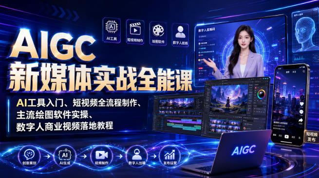 AIGC新媒体实战全能课|AI工具入门、短视频全流程制作、主流绘图软件实操、数字人商业视频落地教程-旺仔资源库