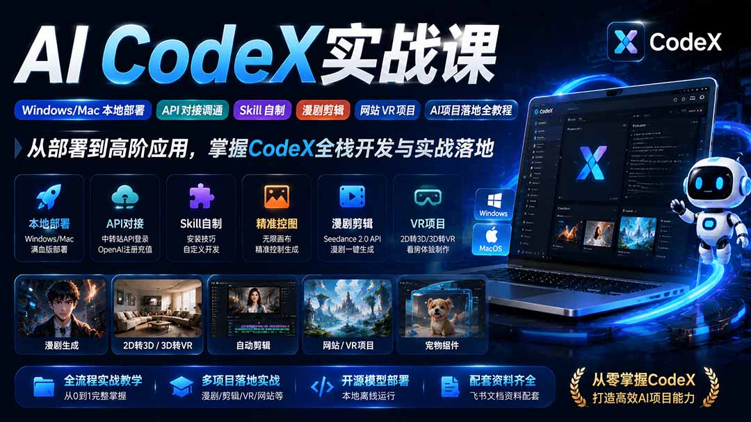 AI  CodeX实战课｜Windows/Mac 本地部署｜API 对接调通｜Skill 自制｜漫剧剪辑｜网站 VR 项目｜AI项目落地全教程-摇钱树