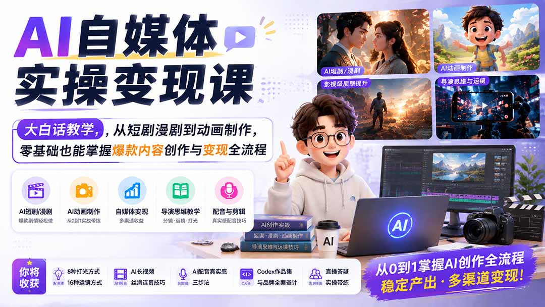 AI自媒体实操变现课|大白话教学,从短剧漫剧到动画制作,零基础也能掌握爆款内容创作与变现全流程-摇钱树