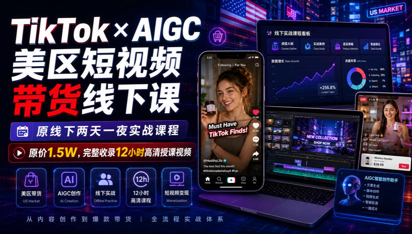 TikTok×AIGC美区短视频带货线下课,原线下两天一夜实战课程,原价1.5W,完整收录12小时高清授课视频