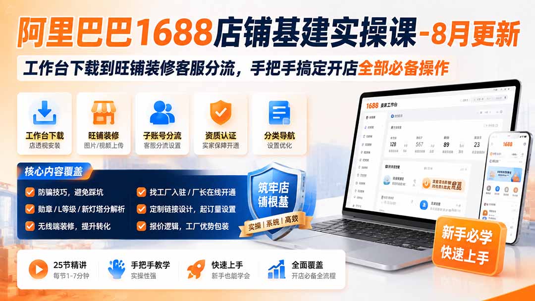 阿里巴巴1688店铺基建实操课-8月更新；工作台下载到旺铺装修客服分流，手把手搞定开店全部必备操作-旺仔资源库