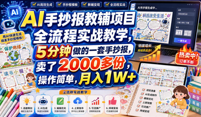 AI手抄报教辅项目全流程实战教学，5分钟做的一套手抄报，卖了2000多份，操作简单，月入1W+-皮皮网创