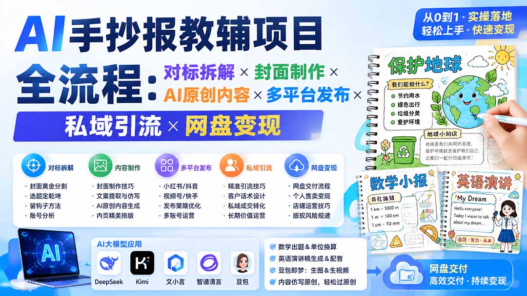 AI手抄报教辅项目全流程：对标拆解×封面制作×AI原创内容×多平台发布×私域引流×网盘变现汇通分享-分享轻创项目-网络创业-项目实操-兼职-网赚-副业-抖音-快手-小红书-闲鱼-视频号-直播-短视频-中视频-带货-短剧-游戏搬砖-引流等教程课程分享汇通分享