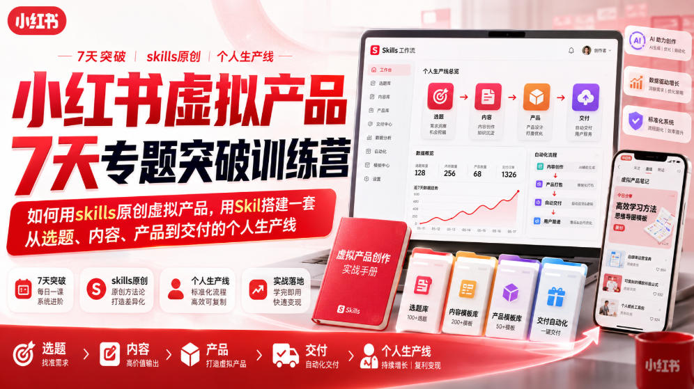 小红书虚拟产品7天专题突破训练营，如何用skills原创虚拟产品，用Skil搭建一套从选题、内容、产品到交付的个人生产线-旺仔资源库