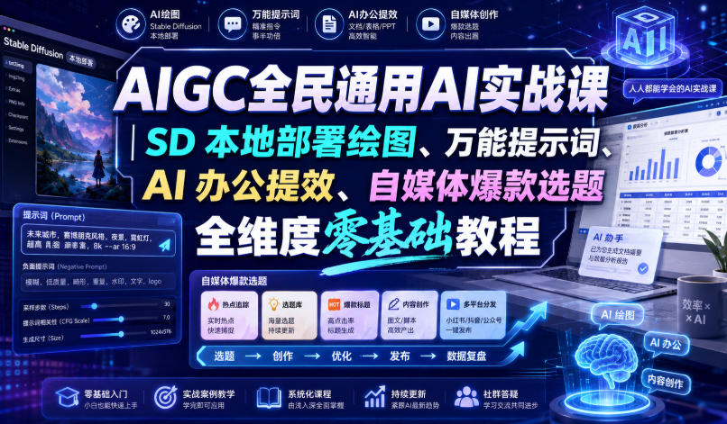 AIGC全民通用AI实战课｜SD本地部署绘图、万能提示词、AI办公提效、自媒体爆款选题全维度零基础教程-我爱发帖