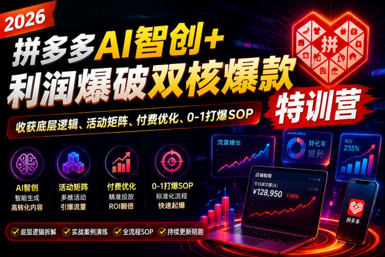 2026拼多多AI智创+利润爆破双核爆款特训营,收获底层逻辑、活动矩阵、付费优化、0-1打爆SOP(更新0810)-旺仔资源库