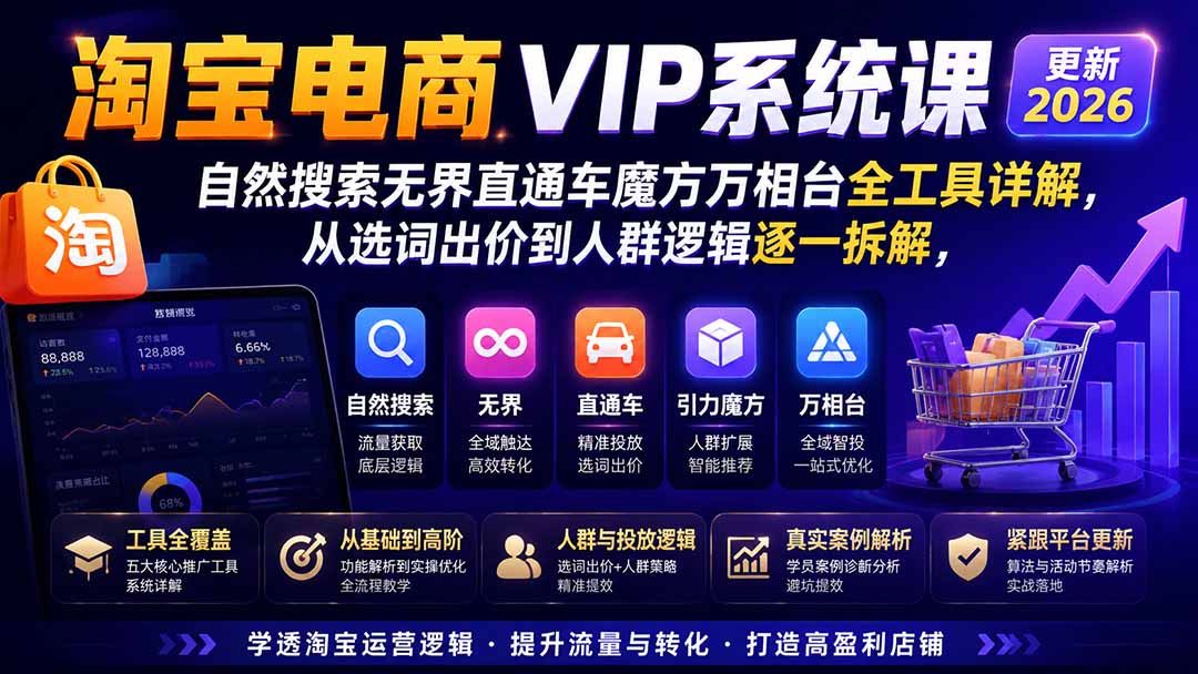 淘宝电商VIP系统课-更新8月;自然搜索无界直通车魔方万相台全工具详解,从选词出价到人群逻辑逐一拆解-旺仔资源库