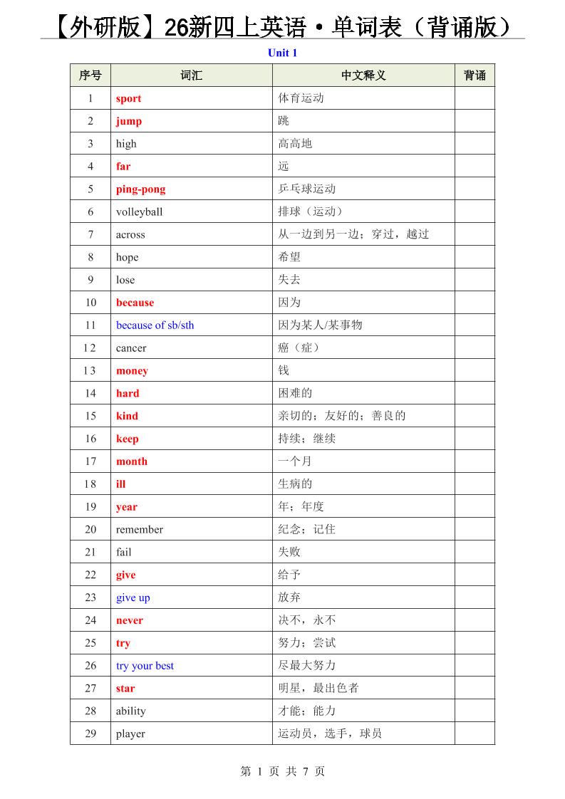 【外研版】26新四上英语·单词表（背诵版）