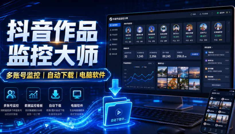 抖音作品监控大师,多账号监控丨自动下载丨电脑软件汇通分享-分享轻创项目-网络创业-项目实操-兼职-网赚-副业-抖音-快手-小红书-闲鱼-视频号-直播-短视频-中视频-带货-短剧-游戏搬砖-引流等教程课程分享汇通分享